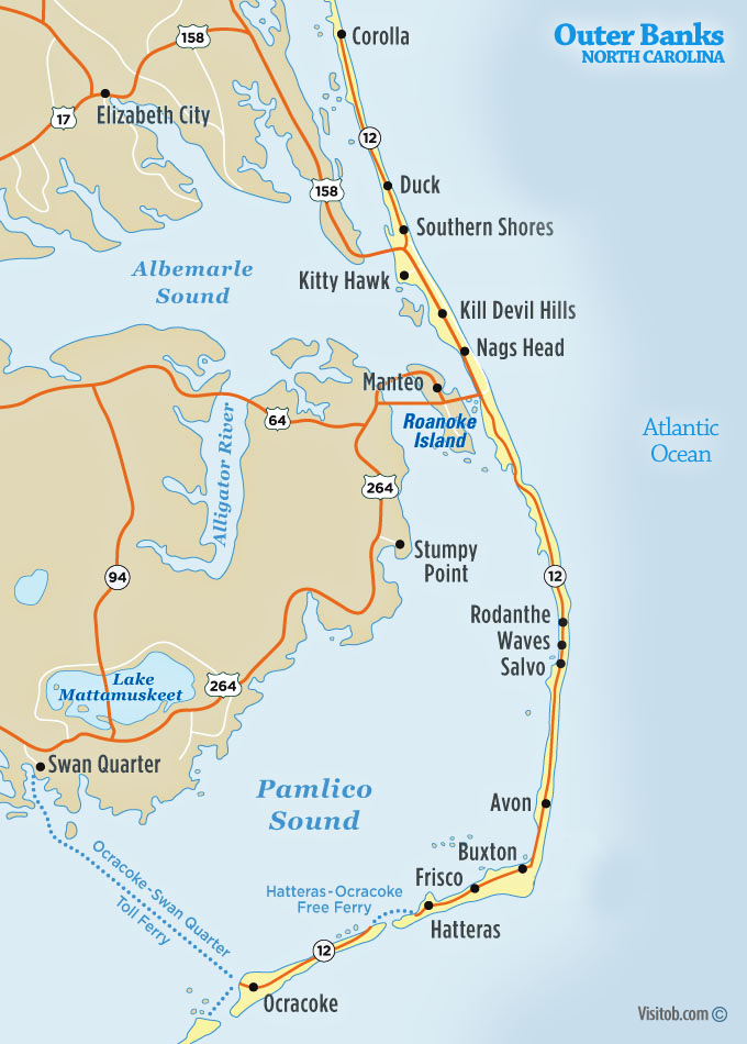 Outer Banks, NC Map  Visitob  Outer Banks Vacation Guide